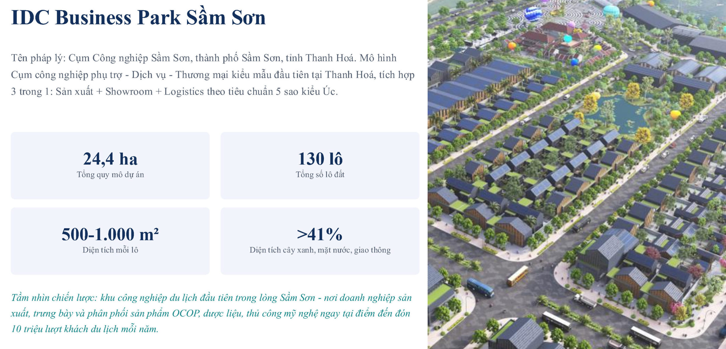 IDC Business Park Sầm Sơn là tổ hợp cụm công nghiệp sản xuất, showroom và logistics đắt giá. Khám phá quy hoạch, vị trí, giá bán và cơ hội đầu tư ngay