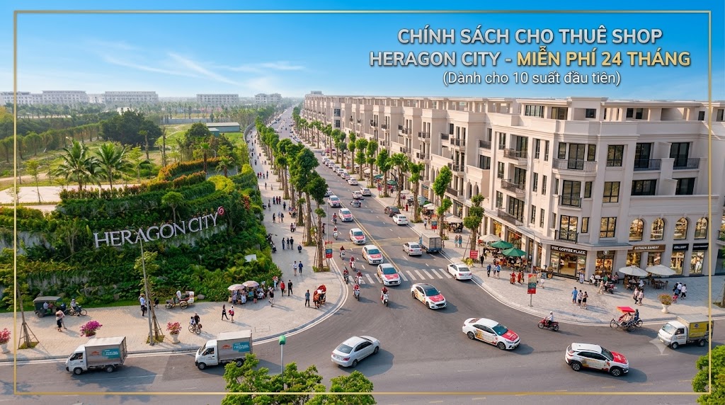 Cho thuê Shop Thanh Hóa tại Đại lộ Phú Quý – Heragon City, diện tích 100–108m², đường 29m, vỉa hè 7m, miễn phí thuê 24 tháng.